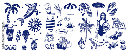 Hand drawn summer illustration set. Italian dolce vita. Minimalist line art. Palm tree, lemon, cocktails sun and sea, seashells in doodle sketch style. Drawing ink. Concept vacation ocean and travel