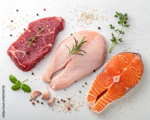 Wallpaper Mural Raw beef, chicken, and salmon fillets are arranged with herbs, garlic, and spices on a white surface Torontodigital.ca