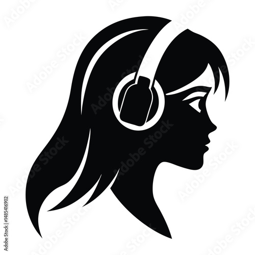 Silhouette of a girl with headphones, urban woman, vintage logo line art concept black and white color