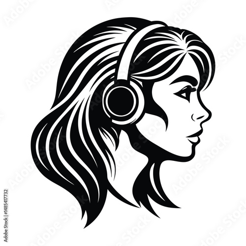Silhouette of a girl with headphones, urban woman, vintage logo line art concept black and white color