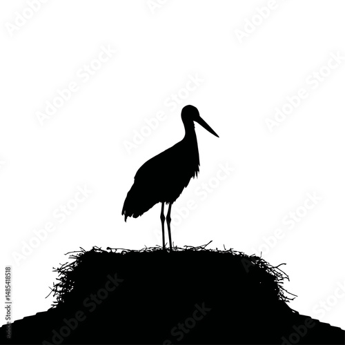 Solid black silhouette of a stork nesting