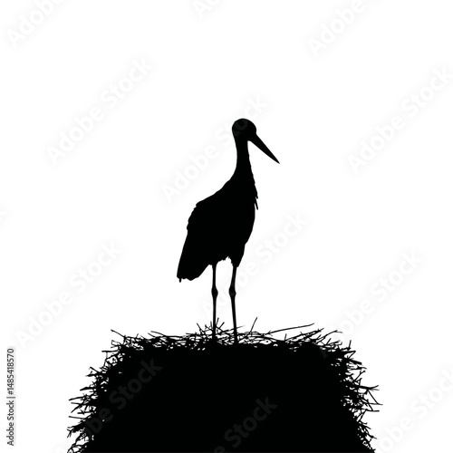 Solid black silhouette of a stork nesting