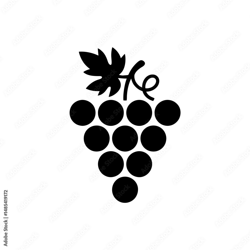 A simple black silhouette of a grape cluster shows round grapes arranged in a triangular formation, topped with a leaf and vine. A simple black silhouette of a grape cluster shows round grapes arranged in a triangular formation, topped with a leaf and vine.