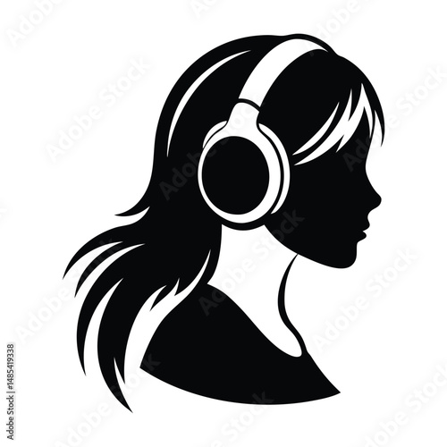 Silhouette of a girl with headphones, urban woman, vintage logo line art concept black and white color