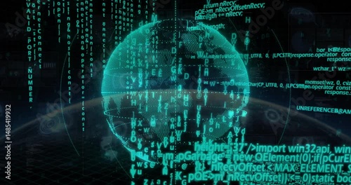 Wireframe globe floating above grid plane streaming code and overlay panels glowing in 3D render