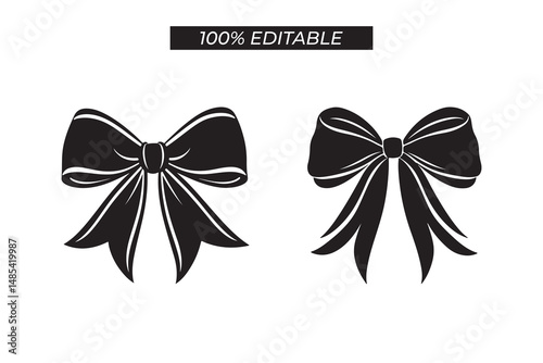 Black Bow Silhouettes and Decorative Ribbon Designs in Flat Vector illustration on white background.
