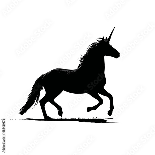 Solid black silhouette of a unicorn galloping