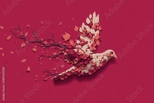 A stylized, paper-cut design of a bird in flight.