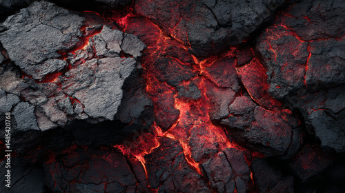 Overhead View of Rugged Cooled Lava Rock Formations with Glowing Magma Cracks