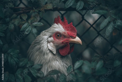 Close-up of a light gray hen behind a wire fence.