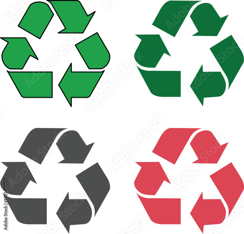 Recycling Mobius Loop Symbols in Green, Grey, and Red. Sustainability, Eco-friendly Concepts for Earth Day. Recycle symbols for organic, paper, glass, plastic and metal waste