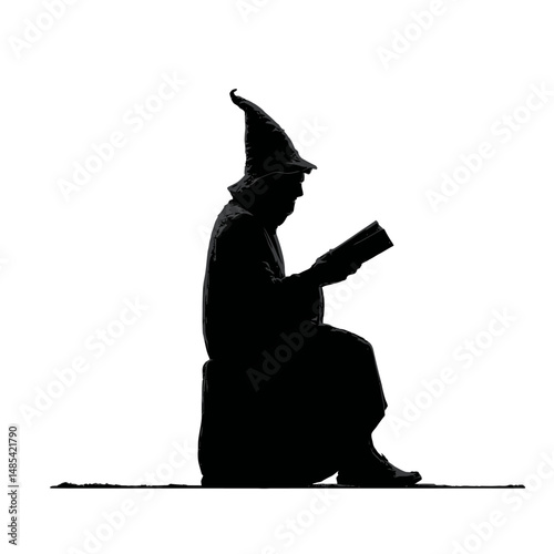 Solid black silhouette of a wizard reading