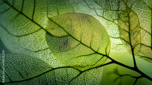 Delicate Layered Leaves in Light Green Tones with Fine Vein Patterns and Transparency