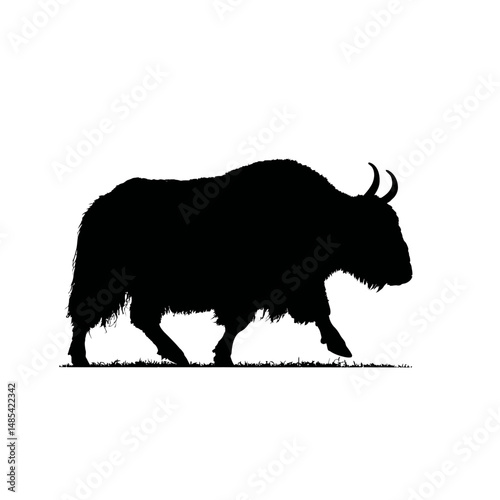 Solid black silhouette of a yak walking