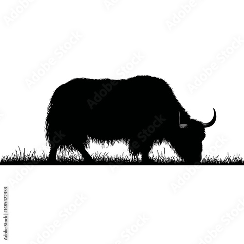 Solid black silhouette of a yak grazing