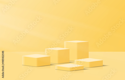 Realistic steps yellow 3d cube podium pedestal in lighting room shining on pedestal elegant. Minimal wall scene for product display presentation. Vector geometric platform. Stage for showcase.