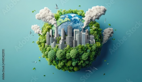 Earth with city nestled in greenery, smoke rising