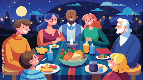 Gathering of friends celebrating a festive dinner at night with a bountiful table spread in a cozy outdoor setting
