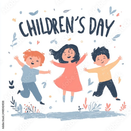 flat 2d illustration of kids jumping for joy with children's day lettering, happy emotions, white background