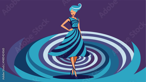 Stylish woman in a swirling blue dress posing confidently in a dynamic vector illustration featuring waves and curves