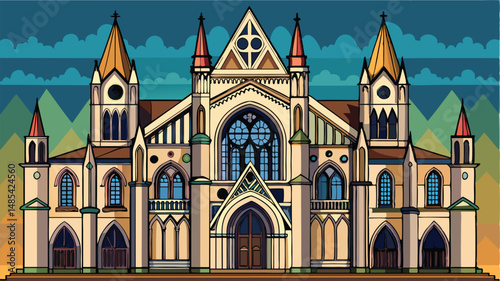 Colorful vector illustration of a grand Gothic cathedral with intricate architectural details and prominent towers against a serene backdrop