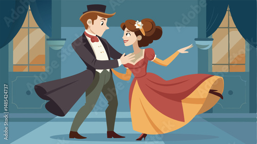 Couple performs a graceful dance in elegant attire, showcasing a classic ballroom style amid a rich purple background