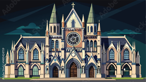 Colorful vector illustration of a grand Gothic cathedral with intricate architectural details and prominent towers against a serene backdrop