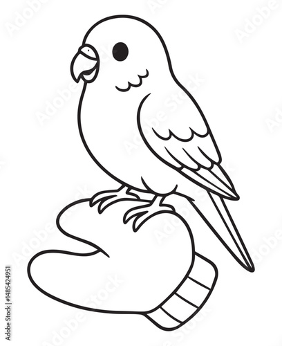 Coloring book parakeet perches gently on a person's gloved hand