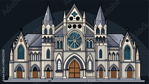 Colorful vector illustration of a grand Gothic cathedral with intricate architectural details and prominent towers against a serene backdrop