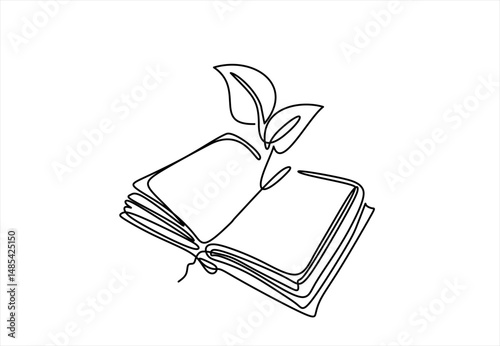 Opened book with sprout plant in one continuous line drawing . Education study and knowledge concept in simple linear style. Growing wisdom in editable stroke. Doodle contour vector illustration	
