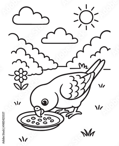 Coloring book parakeet eats seeds from a dish in a sunny outdoor setting with flowers and fluffy clouds. 