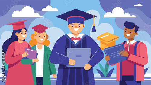 Celebrating graduation success with friends in a joyful and colorful vector illustration
