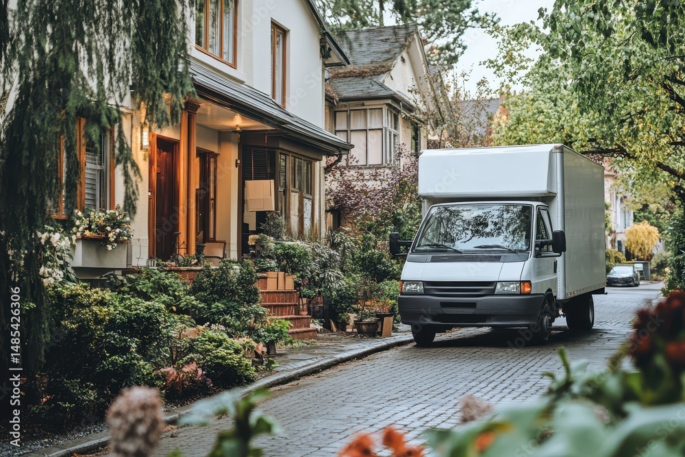 White moving truck on a cobblestone street with green trees and nice houses. Perfect for relocation services, moving company ads, or real estate marketing. White moving truck on a cobblestone street with green trees and nice houses. Perfect for relocation services, moving company ads, or real estate marketing.