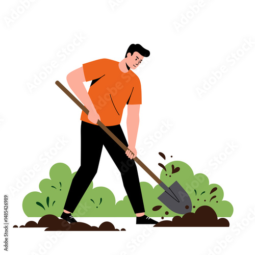 Man Digging Soil with Shovel Illustration