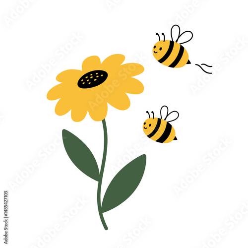 Sunny Meadow with Honey Bees: A cheerful sunflower stands tall, its vibrant yellow petals radiating joy as two honey bees buzz around, adding a touch of playful energy.
