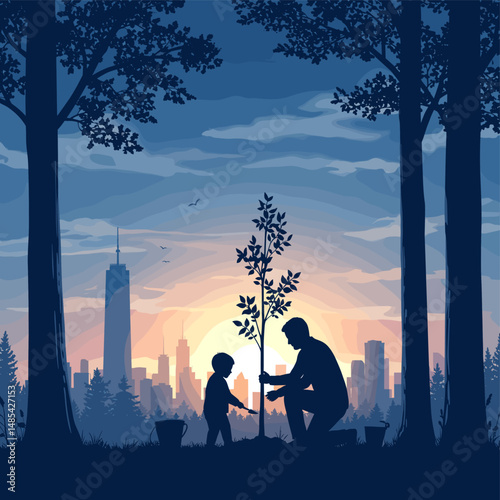 Planting the Future: A silhouetted scene of a parent and child planting a tree, a poignant symbol of growth, nurturing, and environmental stewardship against the backdrop of a distant cityscape.