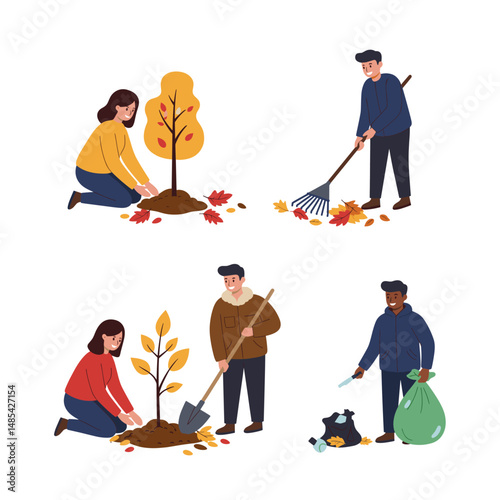 Community in Autumn: A collection of illustrations showcasing individuals working together in the autumn season, planting trees, and cleaning up.