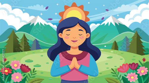 Vector illustration of a young woman meditating in a serene landscape with mountains, flowers, and a bright sun shining in the background
