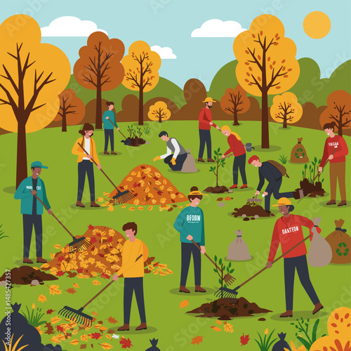 Diverse Group Cleaning Up and Planting Trees in Autumn