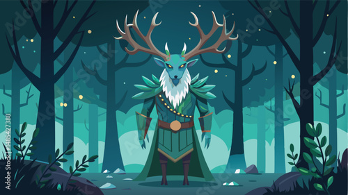 Mystical forest guardian stands confidently amid glowing orbs and dense foliage, showcasing a vibrant illustration of nature's spirit in a magical world