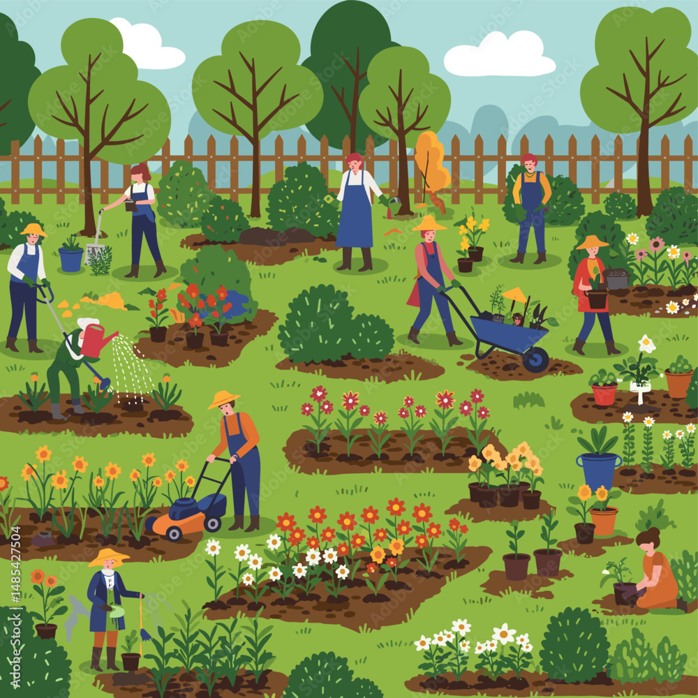 Obraz premium Blooming Garden Bliss: Vibrant illustration showcasing a collaborative community garden, a scene of shared effort and the beauty of growth and connection.