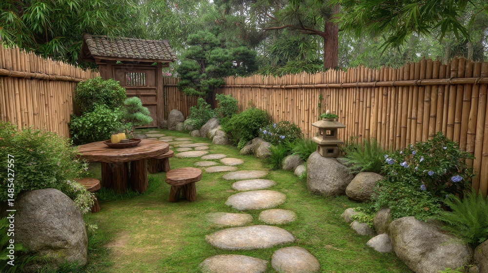 Fototapeta premium Serene Japanese Garden with Stone Path and Bamboo Fence