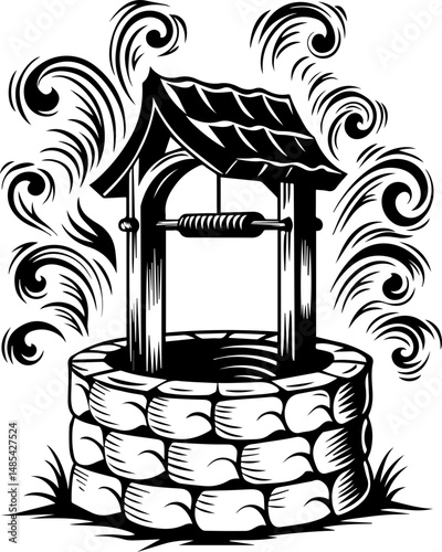 Undersea shrines symbolizing mortality in vector style. Black and White Illustration of Traditional Garden Water Well