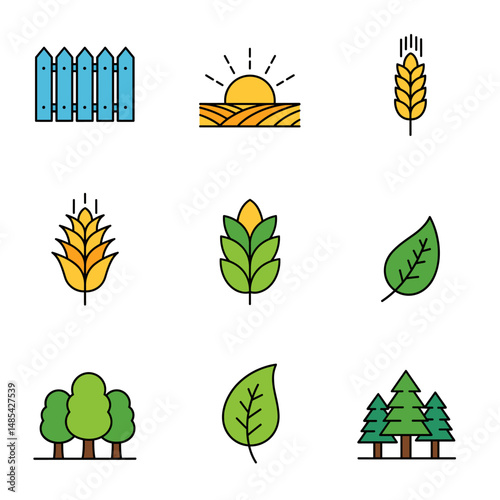 Nature Icons Set: A collection of nine vibrant nature icons, including a fence, sun, wheat, leaf, trees and other elements representing rural landscapes, agriculture, and environmental themes.