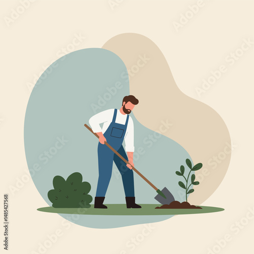 A farmer tending to new life: A farmer carefully plants a sapling, tending to the earth with care and commitment. The scene evokes a sense of new life and dedication.