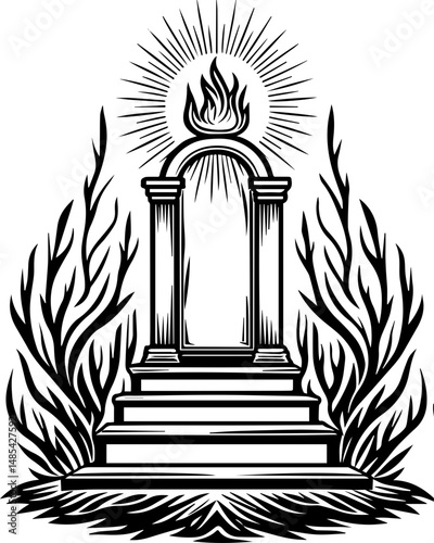 Undersea shrines symbolizing mortality in vector style. Monumental Art with Flames and Decorative Elements for Design Use