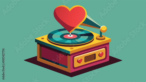 Vintage record player with a heart-shaped tonearm playing romantic music on a teal background