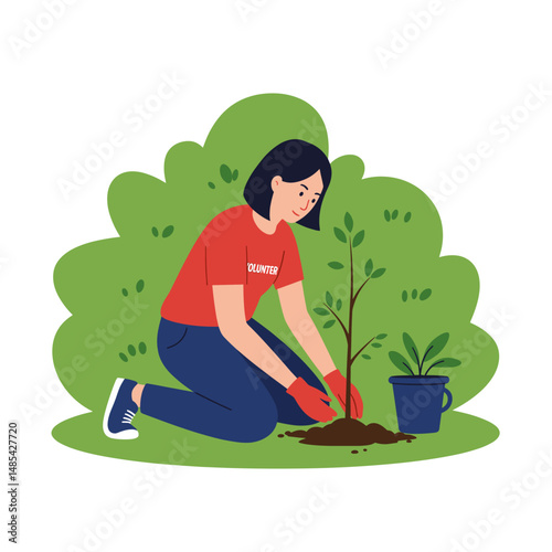 Caring Hands: A volunteer planting a tree in a vibrant, nature-filled scene, embodying the spirit of conservation.