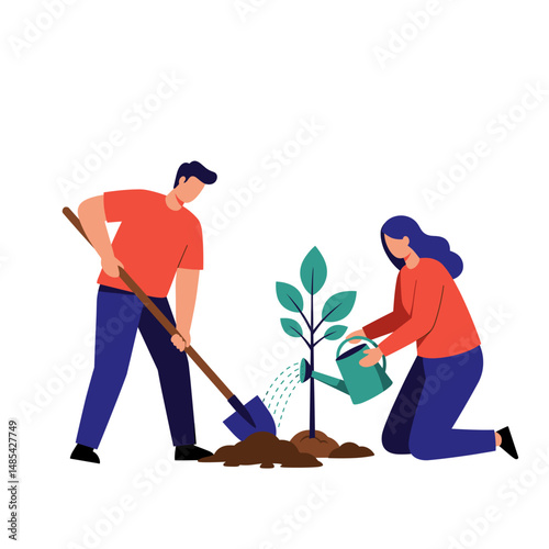 Planting Tree: Two individuals collaborate to nurture a seedling, watering and cultivating the young plant with care, symbolizing growth, renewal, and environmental responsibility.