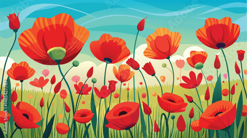Vibrant red flowers bloom in a sunny landscape with rolling hills under a bright blue sky and fluffy clouds during a joyful spring season